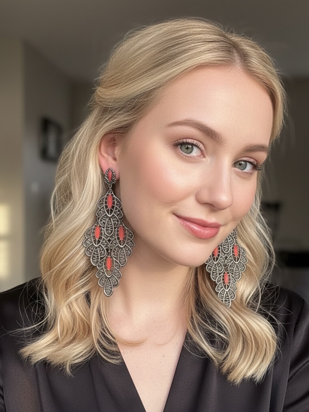 Source Unknown Coral Accent Filigree Teardrop Earrings